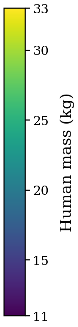 Human mass colourbar, viridis, 11 to 33 kilograms